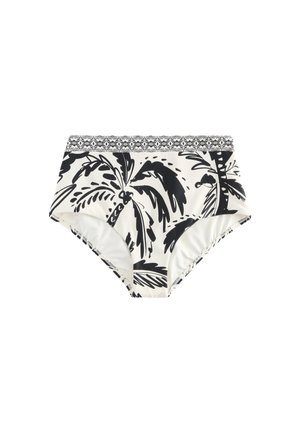Bikinislip mit hohem Taillenbund, schwarzem und weißem Palmenprint und gemustertem elastischem Bund.