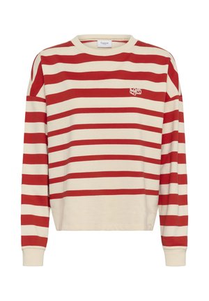 Langärmliges cremefarbenes Hemd mit horizontalen roten Streifen und einem kleinen gestickten Logo auf der Brust, ausgestattet mit Rundhalsausschnitt und gerippten Bündchen.