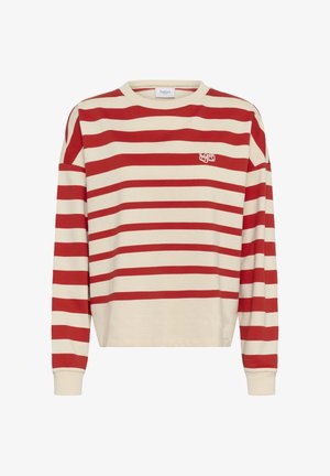 Langärmliges cremefarbenes Hemd mit horizontalen roten Streifen und einem kleinen gestickten Logo auf der Brust, ausgestattet mit Rundhalsausschnitt und gerippten Bündchen.