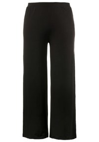 Czarne szerokie spodnie z elastyczną talią, wykonane z miękkiego, rozciągliwego materiału.