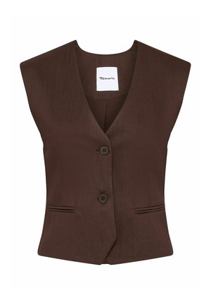 Bezrękawnik w kolorze brązowym zapinany na guziki, z dwoma przednimi wpuszczanymi kieszeniami i dekoltem w kształcie litery V.