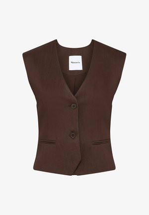 Sleeveless brown buttoned vest with two front welt pockets and a V-neck collar.