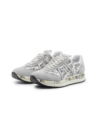 Gray suede sneakers with sequined accents, patterned side panels, and a white rubber sole featuring printed graphics. Laces in off-white.