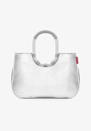 Silver textured handbag with rounded top handles wrapped in fabric, featuring a red side tag labeled "Reisenthel."