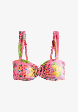 Różowy top bikini z wzorami owoców, w tym cytryn i brzoskwiń, regulowane ramiączka oraz centralny marszczony detal z łączącym pierścieniem.