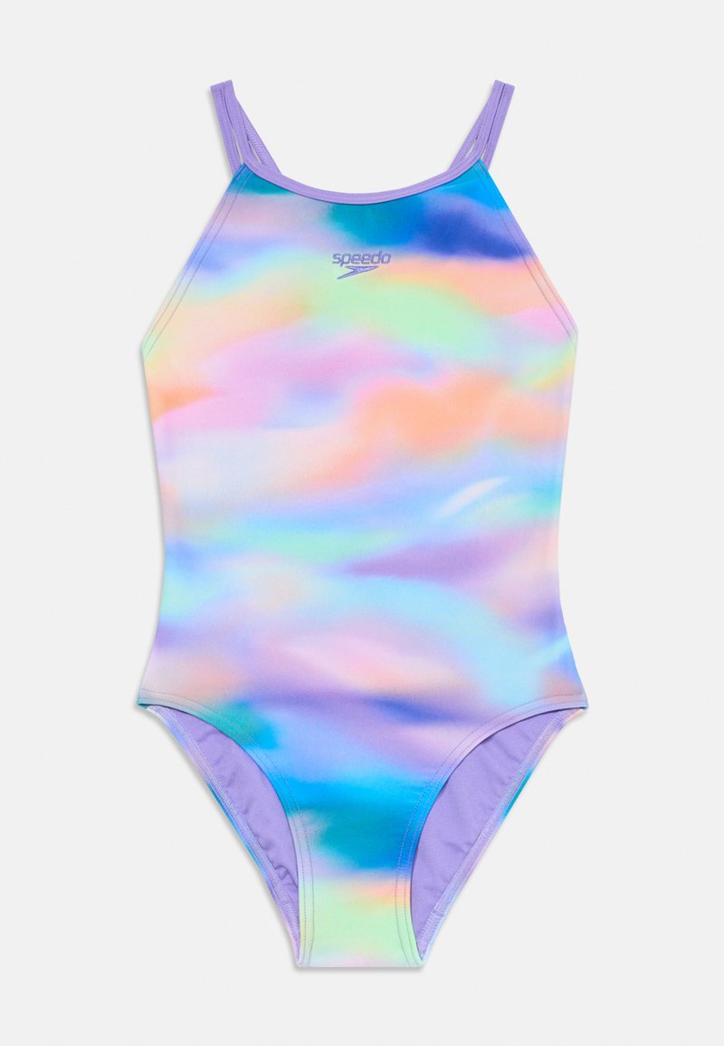 Enodelni kopalni kostim v pastelnih barvah, ki prikazuje vodne vzorce. Narejen iz gladkega materiala s športnim hrbtom in tankimi naramnicami.