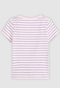 Pink short-sleeve t-shirt with navy blue horizontal stripes, round neckline, and soft cotton texture. No visible logo or embellishments.