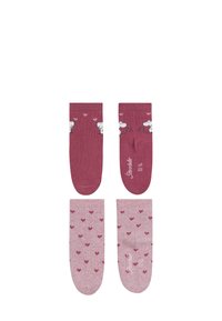 Two pairs of ankle socks: one in deep red with white bear graphics, the other in light pink with small heart patterns. Soft, cotton blend material.