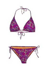 Ensemble de bikini violet avec un motif floral agrémenté de touches de bleu et de jaune. Le haut possède des lanières réglables ; le bas a des lanières sur les côtés et un détail de logo.