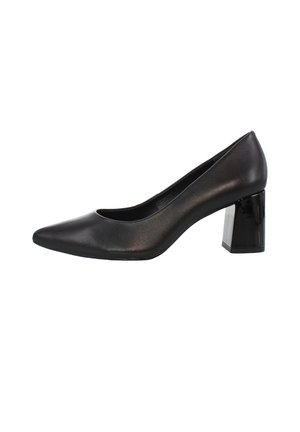 Black leather low block heel pump with pointed toe and smooth finish, shown from the side on a white background.