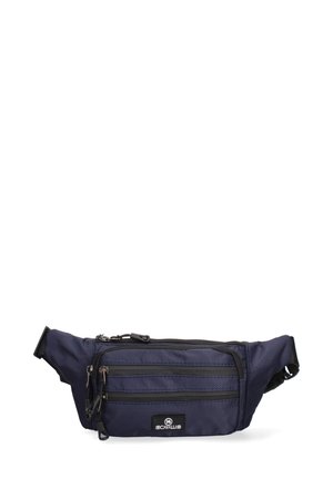 Marsupio blu navy con molteplici scomparti con cerniera e tracolla nera regolabile, con una piccola etichetta BCavalli.