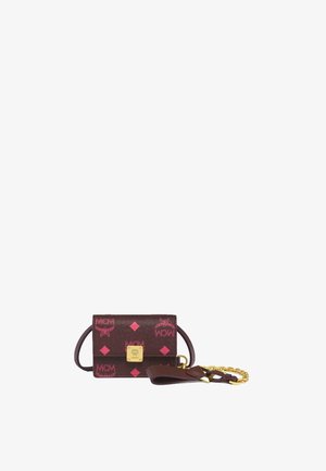 Small brown wallet with pink MCM logo patterns, a gold square emblem on front, and a detachable brown and gold chain strap.