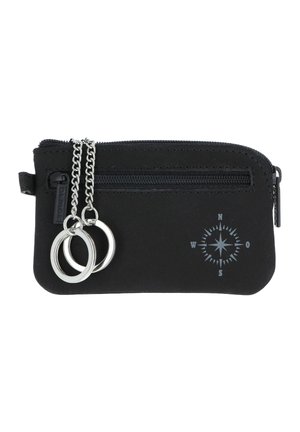 Black zippered pouch with two silver key rings on chains and a compass rose design on front.