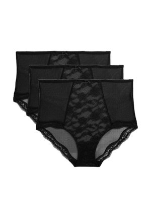 Set van drie zwarte kanten high-waisted panties, met bloemmotieven en gegolfde randen in een doorschijnend gaasmateriaal.