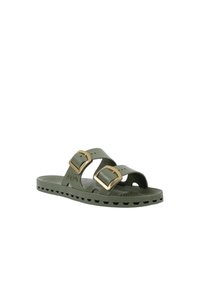 Groene rubberen sandalen met twee verstelbare banden, voorzien van gouden gespen. Perforated voetbed en gemusterde zool voor een betere grip.