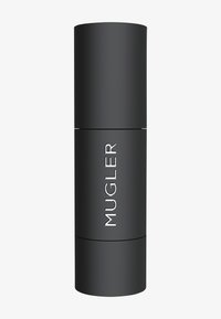 Bottiglia di profumo cilindrica nera con finitura opaca liscia e testo argentato che legge "MUGLER." Design semplice e moderno senza decorazioni aggiuntive.