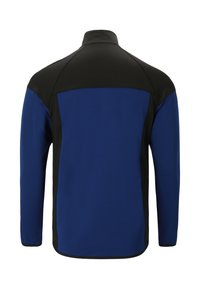 Blå og sort jakke med høj krave, lange ærmer og en glat tekstur. Bagsiden har et solidt blåt panel med sorte detaljer.