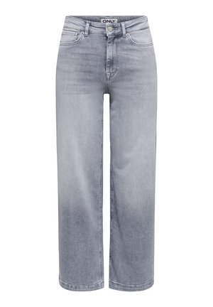 Lysegrå vide jeans laget av denim med en falmet effekt. Har knapp- og glidelåslukking, fem lommer og sy-detaljer.