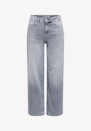Lysegrå vide jeans laget av denim med en falmet effekt. Har knapp- og glidelåslukking, fem lommer og sy-detaljer.