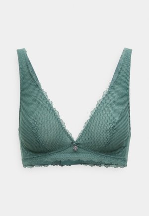 Zöld hálós melltartó V-nyakú fazonban, csipkés szegéllyel az élén és díszítő elemmel az elülső középen. Puha tapintású.