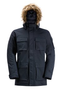 Parka bleu marine avec une capuche en fourrure, plusieurs poches avant et une finition en tissu lisse et durable. Poignets ajustables inclus.
