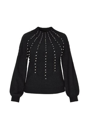 Musta neulepaita, jossa on pyöreä kaula-aukko ja pitkät, puffimaiset hihat. Koristeltu pystysuorilla riveillä pieniä valkoisia helmiä etuosassa.