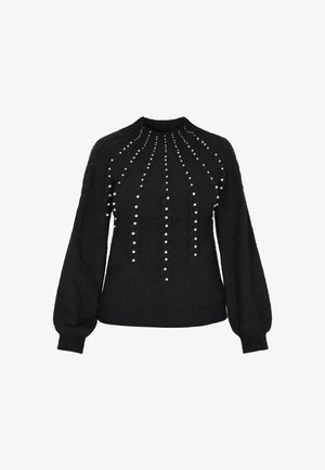 Musta neulepaita, jossa on pyöreä kaula-aukko ja pitkät, puffimaiset hihat. Koristeltu pystysuorilla riveillä pieniä valkoisia helmiä etuosassa.