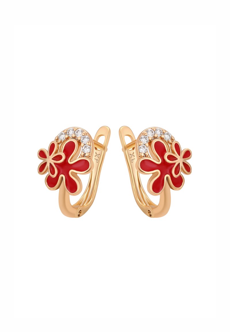 Gli orecchini color oro presentano due design floreali rossi arricchiti da cristalli trasparenti. Gli elementi floreali sono tridimensionali con una finitura lucida.