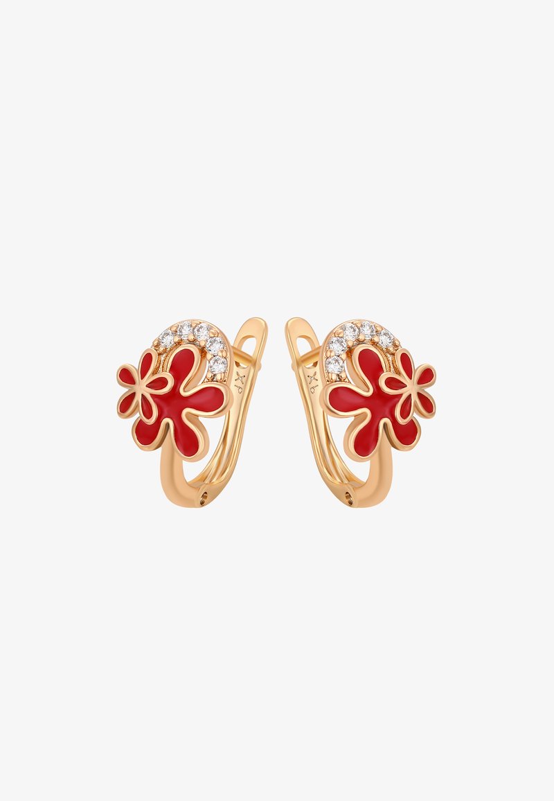 Gli orecchini color oro presentano due design floreali rossi arricchiti da cristalli trasparenti. Gli elementi floreali sono tridimensionali con una finitura lucida.