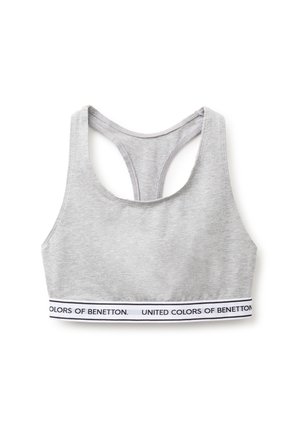 Jasnoszary sportowy biustonosz z wycięciem typu racerback i białą elastyczną taśmą na dole, z czarnym napisem "United Colors of Benetton".