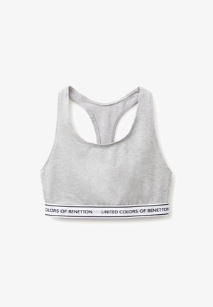 Hellgrauer Racerback-Sport-BH mit weißem elastischem Bund unten, mit schwarzem Text "United Colors of Benetton".