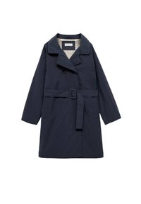 Granatowy płaszcz trenchowy z paskiem, podwójnie zapinany, z wyłamiwanym kołnierzem i kieszeniami bocznymi; strukturalna tkanina, podszewka w kwiatowy wzór.