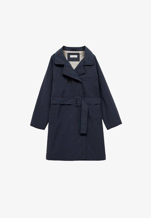 Trench coat blu navy con cintura, design doppiopetto, colletto a rever e tasche laterali; tessuto testurizzato, foderato con motivo floreale.
