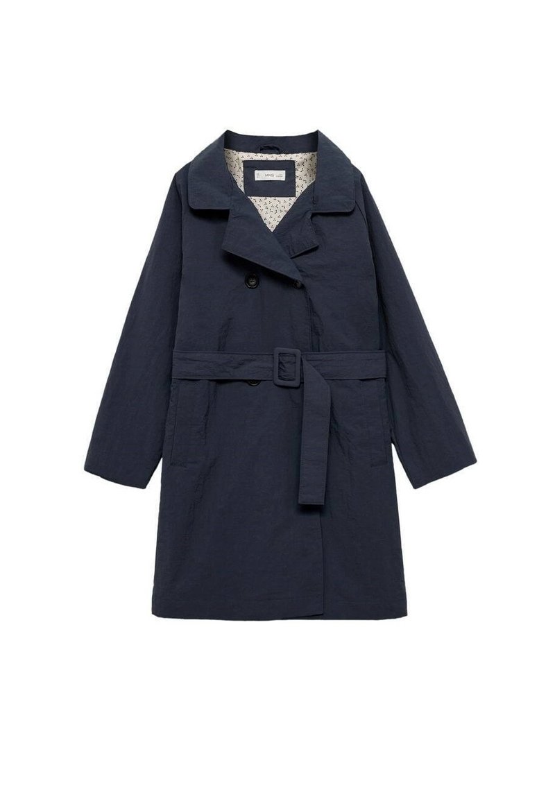 Granatowy płaszcz trenchowy z paskiem, podwójnie zapinany, z wyłamiwanym kołnierzem i kieszeniami bocznymi; strukturalna tkanina, podszewka w kwiatowy wzór.