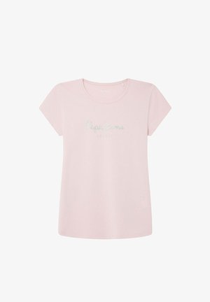 Svetlo roza bombažna majica s kratkimi rokavi, ki na sprednji strani prikazuje bleščeč bel napis "Pepe Jeans London". Gladka tekstura, okrogla izvedba dekolteja.
