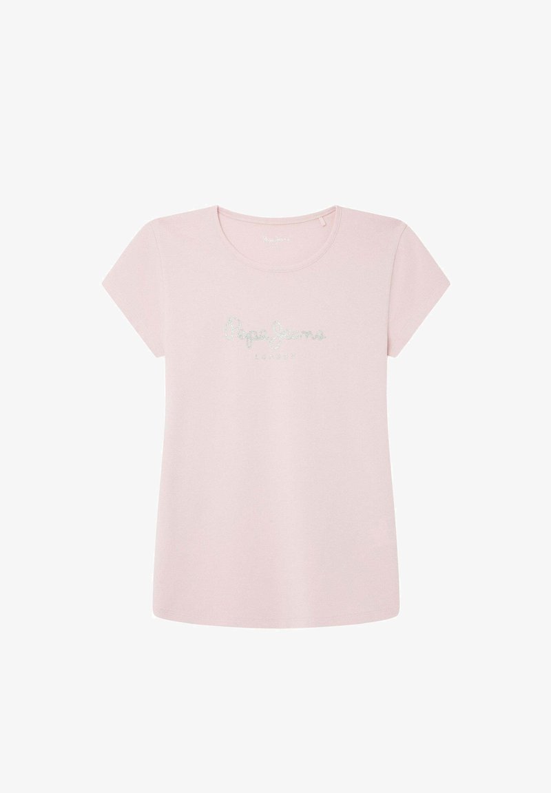 Šviesiai rožinė medvilninė marškinėliai su trumpomis rankovėmis, priekyje turintys blizgantį baltą tekstą "Pepe Jeans London". Lygus audinys, apvali iškirptė.