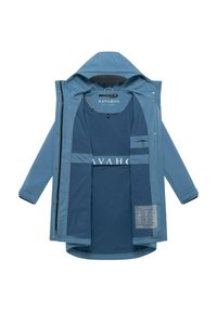 Blauw Navahoo-jas met capuchon, open voorkant die de binnenvoering, een zak met rits en bedrukt wasvoorschriftenpictogrammen aan de binnenzijde van de zoom toont.