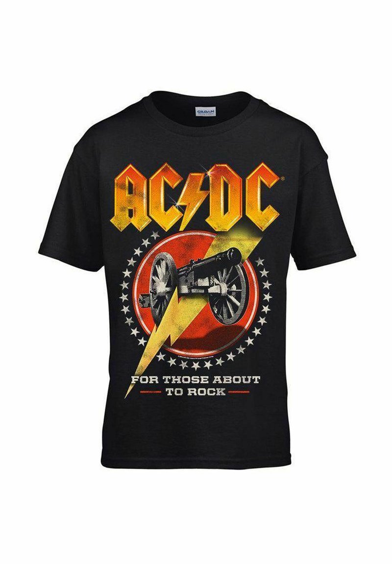 Černé bavlněné tričko s grafikou AC/DC, žlutým bleskem, kruhovým červeným pozadím a ilustrací děla. Text: "PRO TY, KTEŘÍ SE CHYSTAJÍ ROCKOVAT."