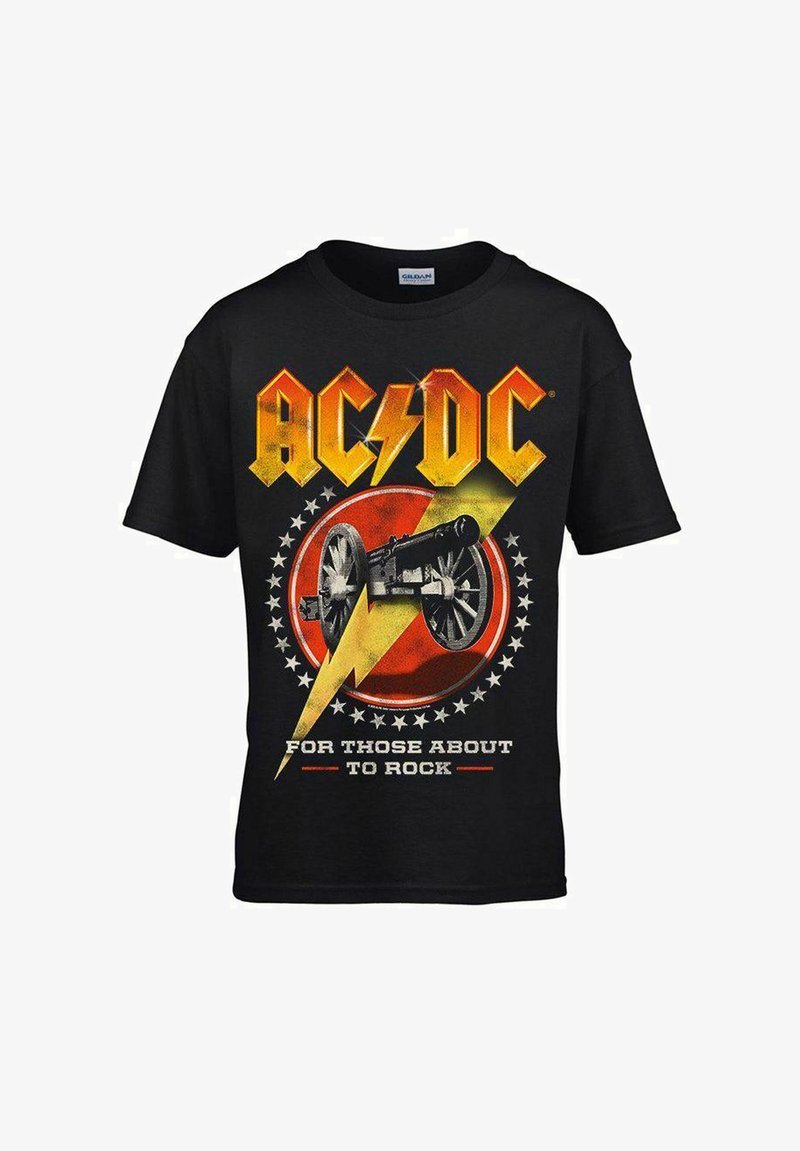 Černé bavlněné tričko s grafikou AC/DC, žlutým bleskem, kruhovým červeným pozadím a ilustrací děla. Text: "PRO TY, KTEŘÍ SE CHYSTAJÍ ROCKOVAT."