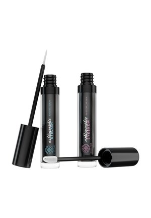 Two black tubes labeled eyelash and eyebrow booster serum, each with a wand applicator; one wand standing upright, the other lying horizontally.