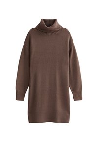 Bruine gebreide coltrui jurk met geribbelde zoom en manchetten. Heeft een ontspannen pasvorm en een zachte textuur, ontworpen voor comfort en warmte.