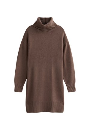 Robe en tricot marron à col roulé avec ourlet et manches côtelés. Présente une coupe décontractée et une texture douce, conçue pour le confort et la chaleur.