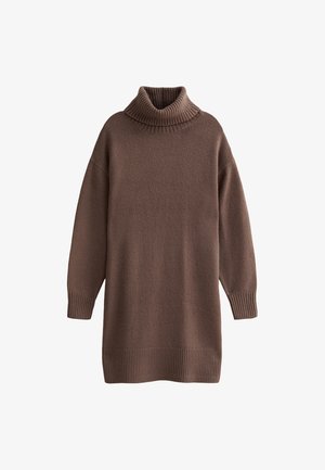 Brun stickad polokrageklänning med ribbat nederkant och ärmslut. Har en avslappnad passform och mjuk textur, designad för komfort och värme.