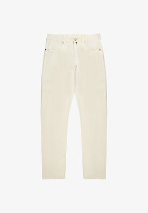 Licht beige rechte jeans gemaakt van denim, met een knoopsluiting, vijf-pocket ontwerp en subtiele stiksels.