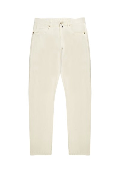 Jeans rectos de color beige claro, fabricados en denim, con cierre de botón, diseño de cinco bolsillos y detalles de costura sutiles.