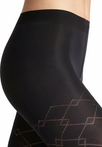 Collant neri con una texture liscia, caratterizzati da un motivo geometrico di tonalità più chiara, evidenziato nella zona della parte inferiore della gamba.