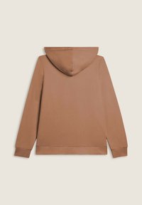 Felpa con cappuccio marrone, maniche lunghe, texture liscia e orlo dritto. Design minimalista, senza loghi o motivi visibili.