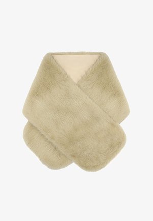 Wikkel van nepbont in licht beige, zachte textuur, rechthoekige vorm met afgeronde hoeken en een gladde binnenvoering.