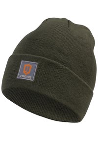Olive green knit beanie with a folded cuff, featuring a gray patch with orange "JEANSCODE" logo. Soft texture, form-fitting design.