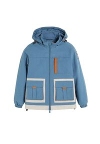 Chaqueta con capucha azul, con cremallera completa, dos grandes bolsillos frontales de solapa contorneados en blanco y detalles en naranja en los bolsillos y en el tirador de la cremallera.